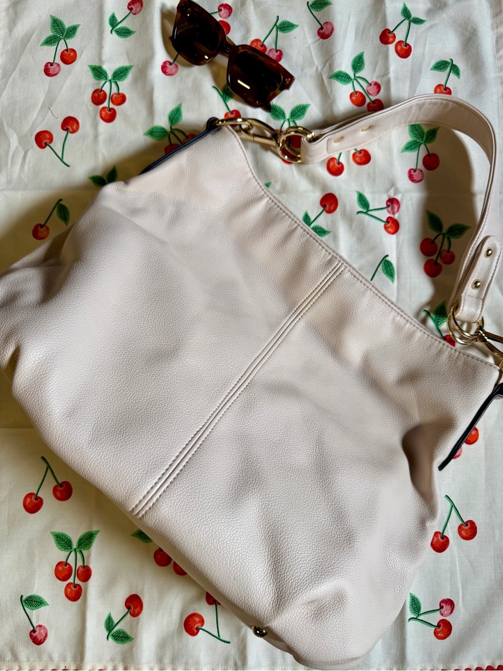 Pinky-Cream Pebbled Shoulder Bag with Gold Hardware